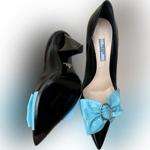 Prada black heels with blue bow